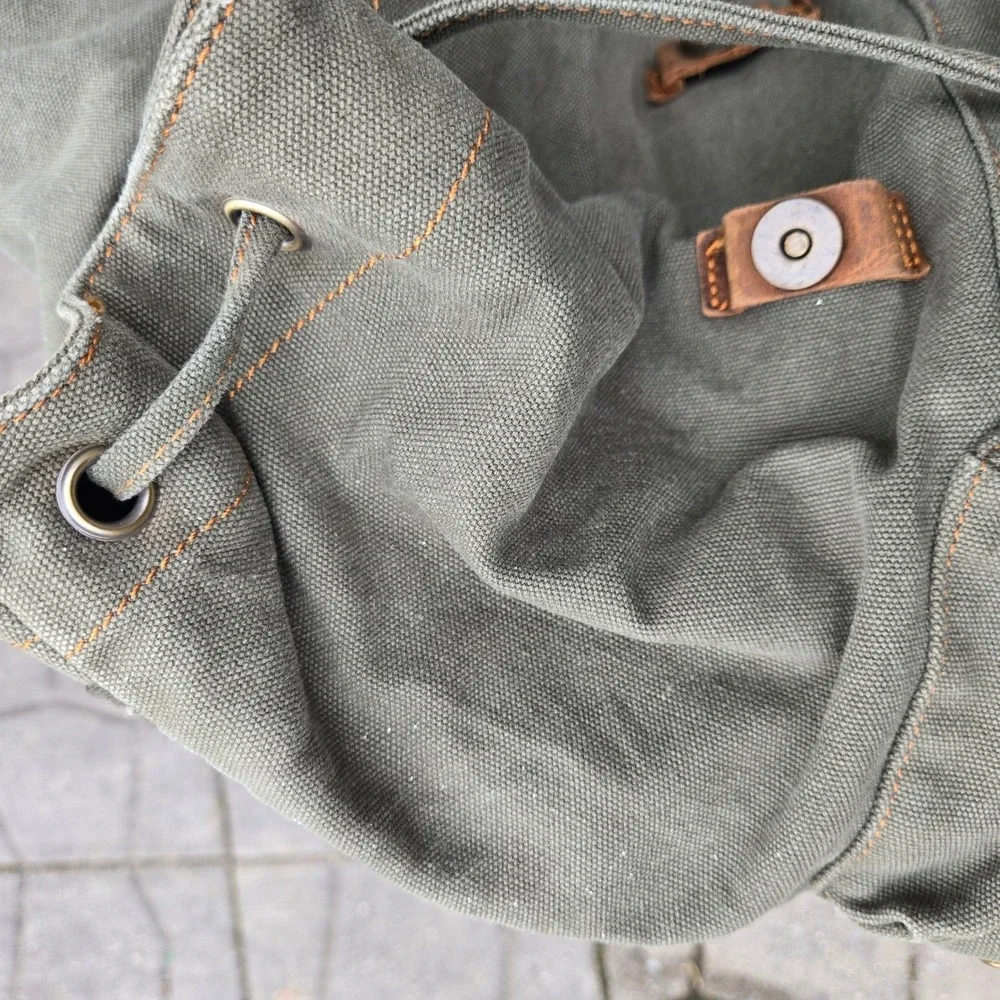 Bluboon Canvas Backpack Rucksack Leather Trim Olive Green Mens Bag